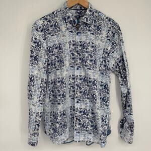 Luchiano Visconti Shirt Men's Medium Blue & White Paisley Geometric Print Luxury